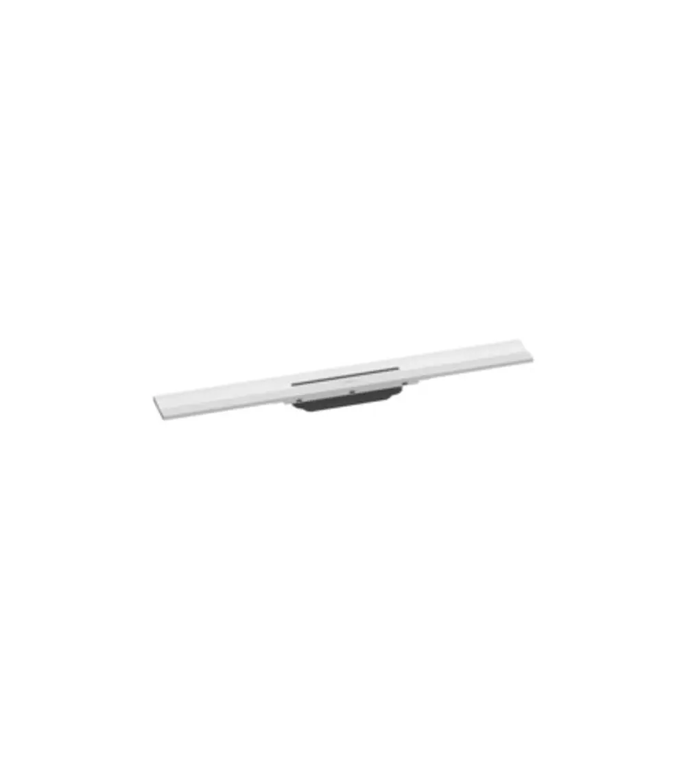 Weißer Duschabfluss von Hansgrohe, flach und geradlinig, geeignet zur Wandmontage, mit kürzbaren Enden für individuelle Anpassung.